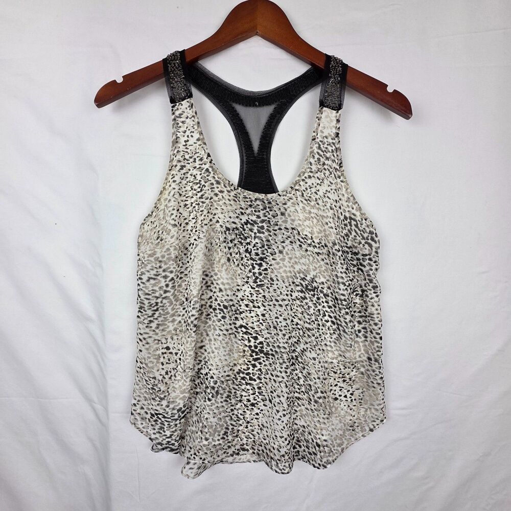Snow Leopard Print Racerback Tank Beads Sheer Billowy Going Out Top Lightweight